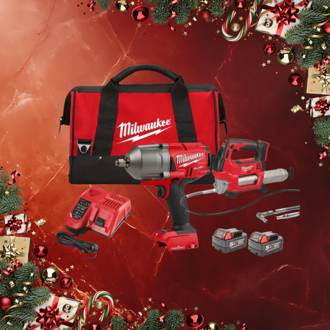 Milwaukee M18ONEPP2Q-502B 18V FUEL Impact Wrench & Grease Gun Twin Pack With 2 x 5.0Ah Batteries, Charger & Tool Bag (£400 Cash Alt)