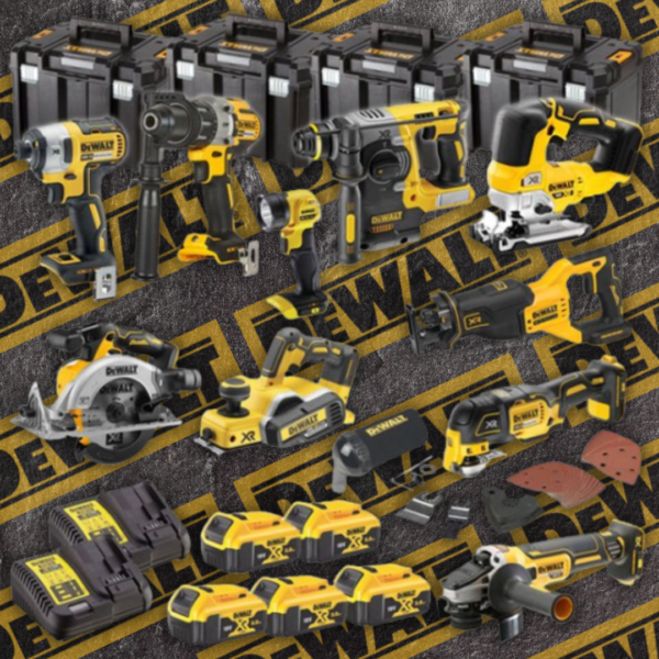 DEWALT CORDLESS 18V BRUSHLESS 10 PIECE KIT WITH 5 X 5.0AH BATTERIES, 2 X CHARGERS AND 4 X TSTAK CASES Or £1200