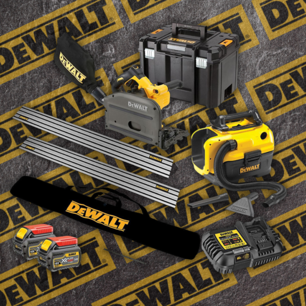 Dewalt DCS520 54V XR FLEXVOLT Brushless Plunge Saw, 2x 6.0Ah Batteries, Charger, Tool Case, 2x 1.5m Guide Rails, Connector Piece 2x Clamps, Guide Rail Case & DCV584L L-Class Vacuum Or £800